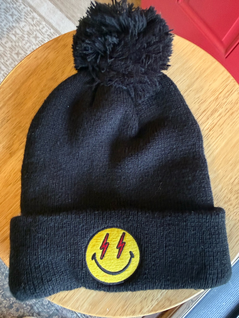 Aviator Nation Black Pom Beanie with Yellow Smiley Patch